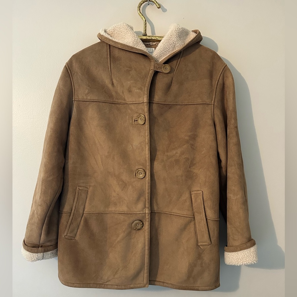 Vintage White Stag Womans Missy Size Large Faux Suede Sherpa-Lined Hooded Jacket